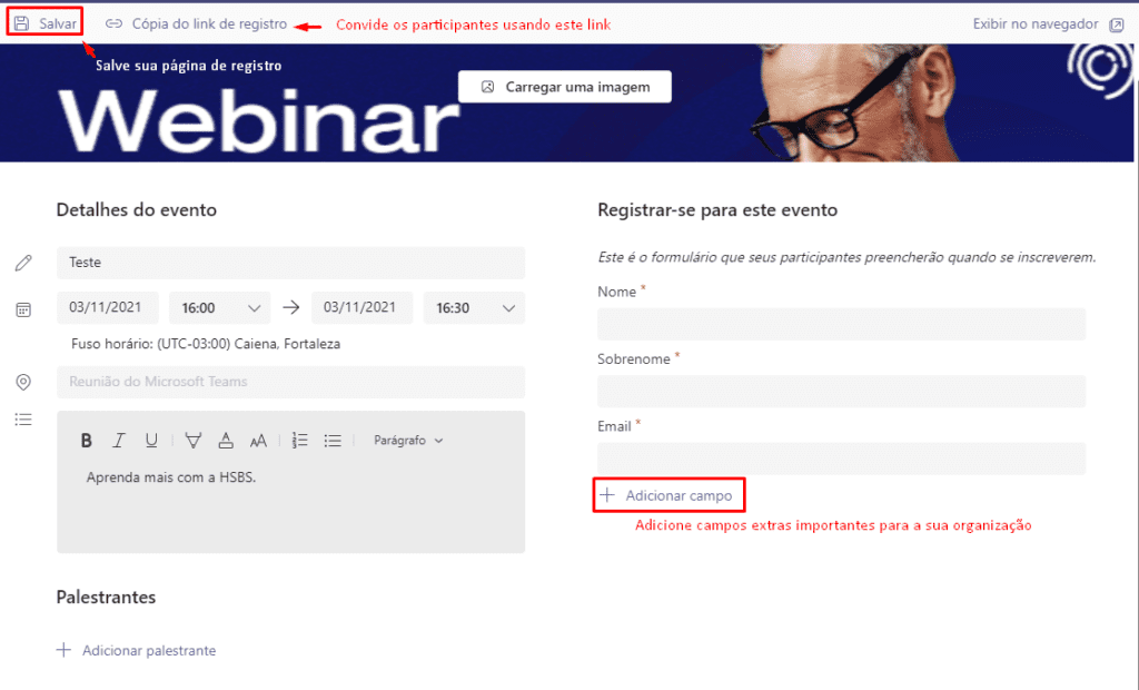 Personalizando o fomulário de registro do webinar